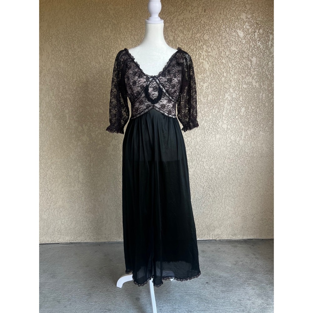 Vintage 70s Movie Star Goth Glam Black Lace Puff Sleeve Slip Nightgown Dress 34
